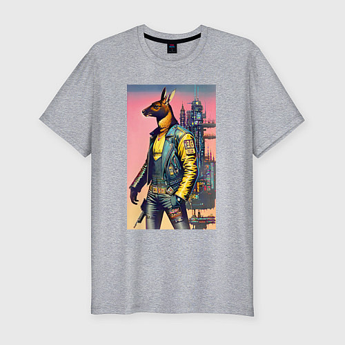 Мужская slim-футболка Kangaroo - cyberpunk - neural network - art / Меланж – фото 1