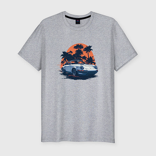 Мужская slim-футболка Порше, пальмы и закат / Меланж – фото 1