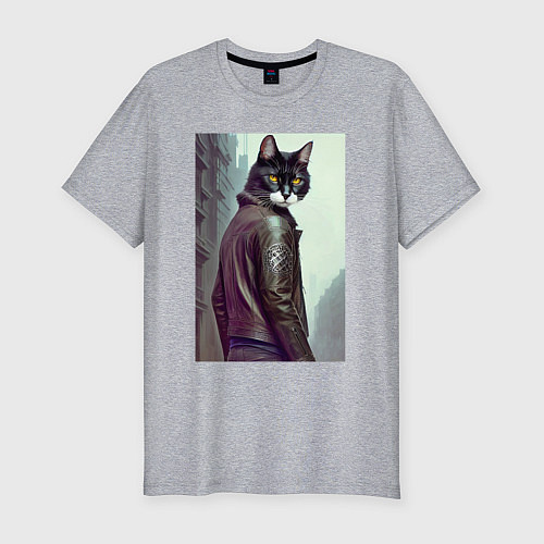 Мужская slim-футболка Модный котяра - Лондон - нейросеть / Меланж – фото 1
