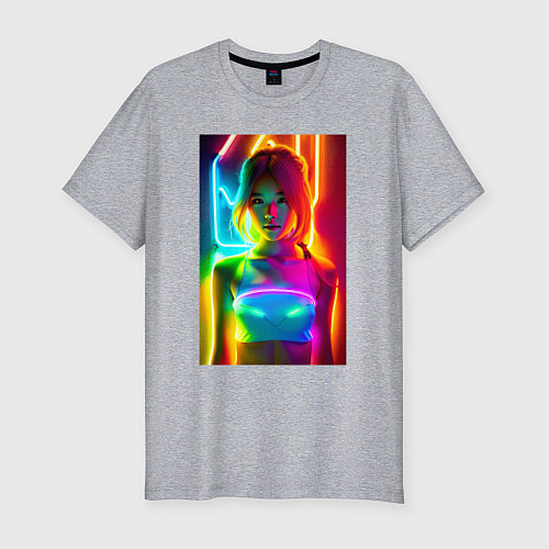 Мужская slim-футболка Japanese girl - neon glow - neural network / Меланж – фото 1