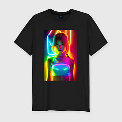 Футболка slim-fit Japanese girl - neon glow - neural network, цвет: черный