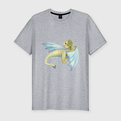 Мужская slim-футболка Дракон зеленый с голубыми крыльями / Меланж – фото 1