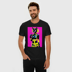 Футболка slim-fit Black cat - fashionista - pop art - neural network, цвет: черный — фото 2