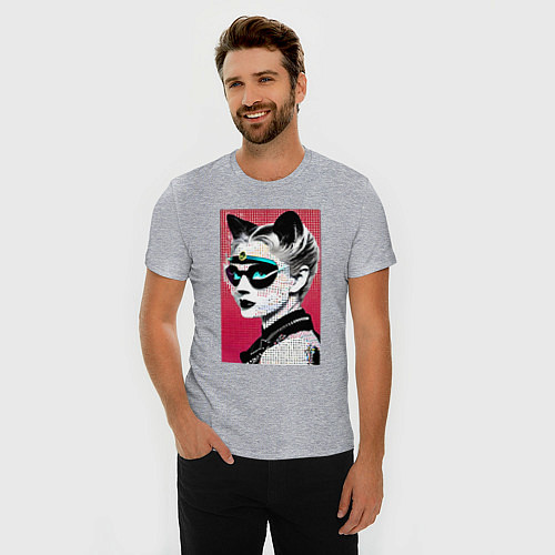 Мужская slim-футболка Cat girl in a mask - neural network - pop art / Меланж – фото 3