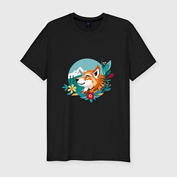 Футболка slim-fit Лиса и горы среди цветов, цвет: черный