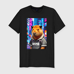 Футболка slim-fit Cool capybara - urban style - neural network, цвет: черный