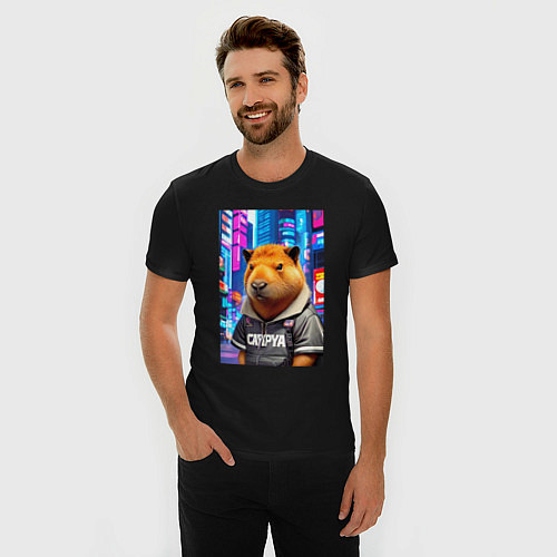 Мужская slim-футболка Cool capybara - urban style - neural network / Черный – фото 3