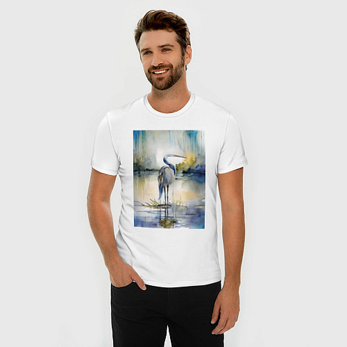 Мужская slim-футболка Цапля на озере - акварель - нейросеть / Белый – фото 3
