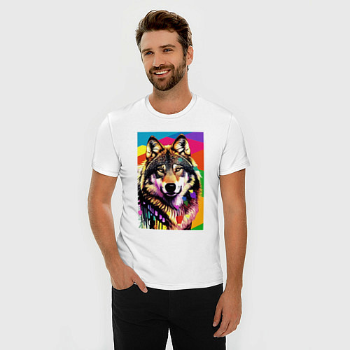 Мужская slim-футболка Красочный волк - поп-арт - нейросеть / Белый – фото 3