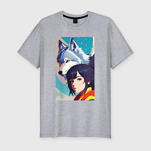 Мужская slim-футболка Girl and wolf - anime - neural network -art / Меланж – фото 1