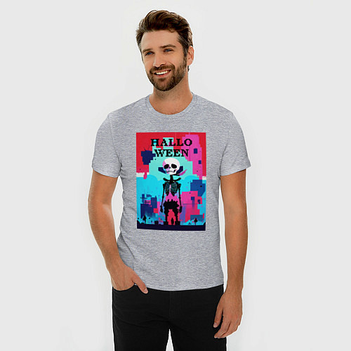 Мужская slim-футболка Funny skeleton - pop art - pixels halloween / Меланж – фото 3