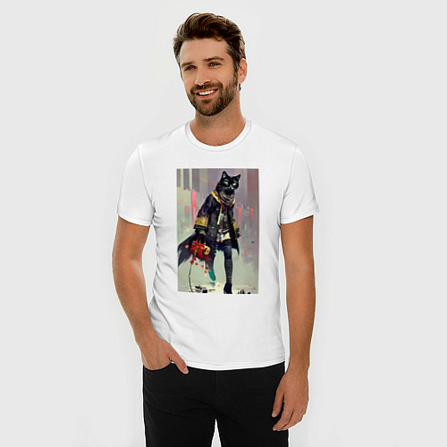 Мужская slim-футболка Чёрная кисуля - городская модница - живопись / Белый – фото 3