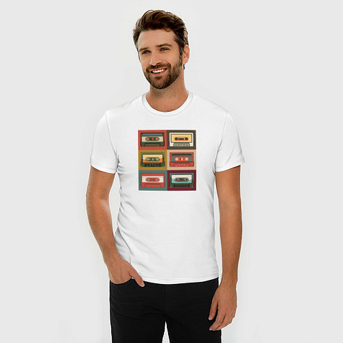 Мужская slim-футболка Коллекция ретро аудиокассет / Белый – фото 3