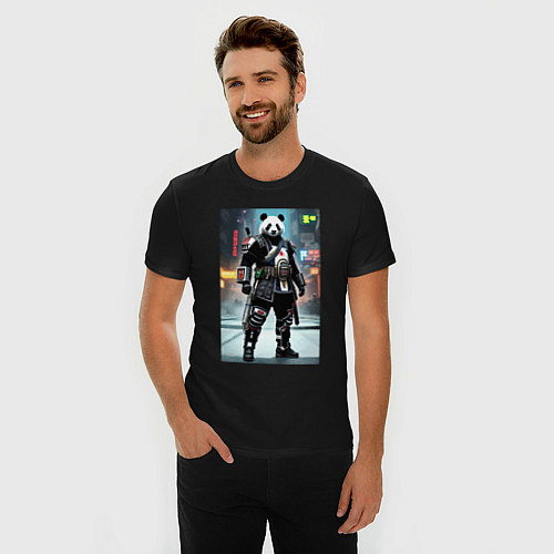 Мужская slim-футболка Panda cyber samurai / Черный – фото 3