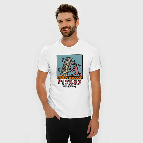 Мужская slim-футболка Поп арт Кит Харинг - Пизанская башня / Белый – фото 3