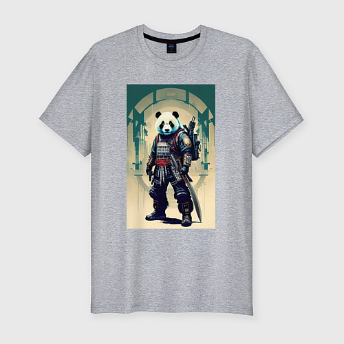 Мужская slim-футболка Панда - самурай - киберпанк / Меланж – фото 1