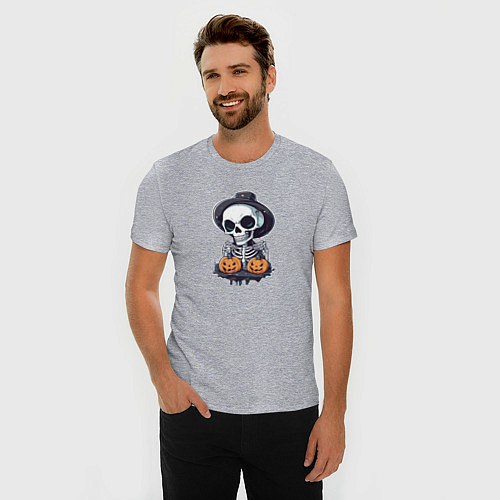 Мужская slim-футболка Скелет на Хэллоуин / Меланж – фото 3