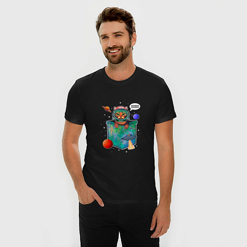 Мужская slim-футболка Кот космонавт в кармане / Черный – фото 3