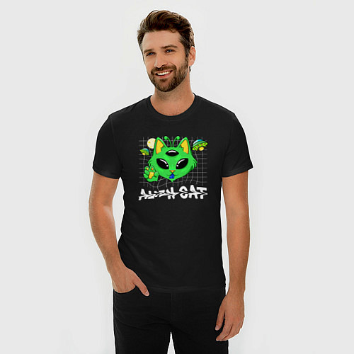 Мужская slim-футболка Alien cat / Черный – фото 3