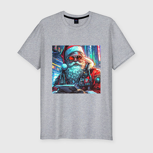 Мужская slim-футболка Стильный Санта-клаус в стиле киберпанк / Меланж – фото 1