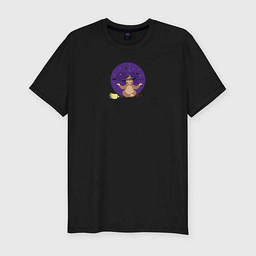 Мужская slim-футболка Ленивец медитирует на ведьминской метле / Черный – фото 1