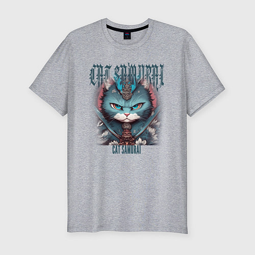 Мужская slim-футболка С котиком самураем / Меланж – фото 1