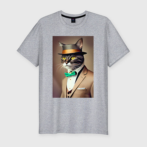 Мужская slim-футболка Портрет кота джентльмена в шляпе / Меланж – фото 1