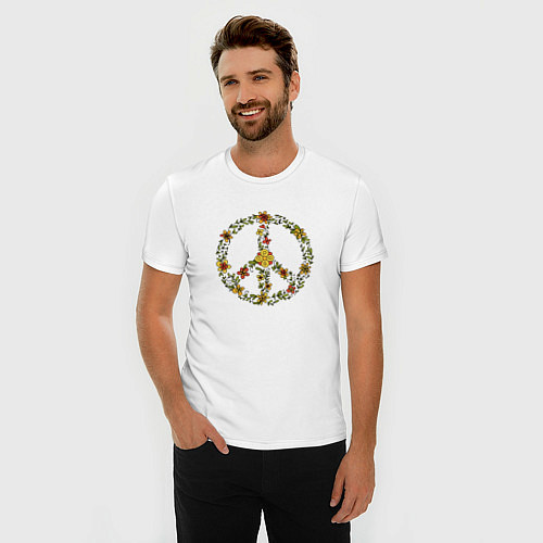 Мужская slim-футболка Пацифик знак хиппи цветы / Белый – фото 3