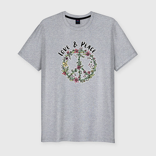 Мужская slim-футболка Хиппи знак мира цветочный пастельный peace and lov / Меланж – фото 1
