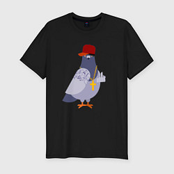 Футболка slim-fit Крутой голубь в кепке показывает f**k, цвет: черный