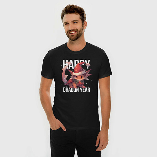 Мужская slim-футболка Happy Dragon year / Черный – фото 3