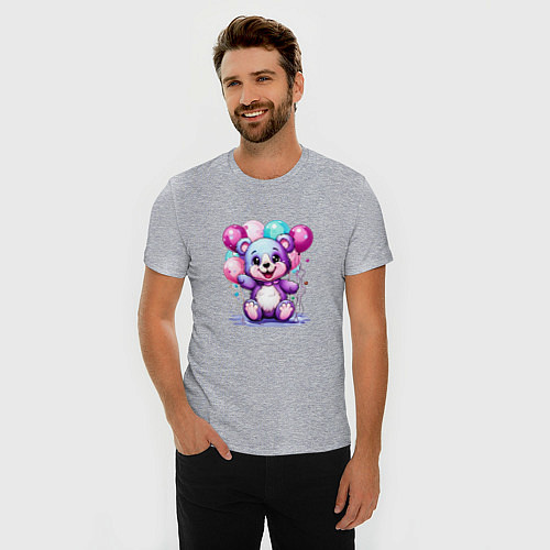 Мужская slim-футболка Мишка фиолетовый с шарами / Меланж – фото 3
