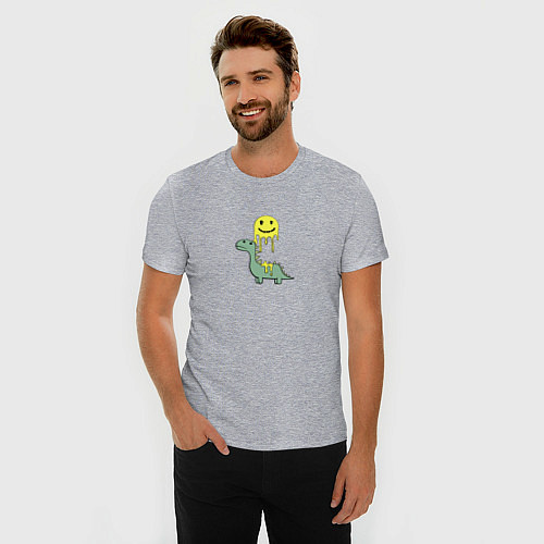 Мужская slim-футболка Мультяшный динозавр и стекающий смайлик / Меланж – фото 3