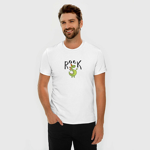 Мужская slim-футболка Мультяшный рокер динозавр дракончик / Белый – фото 3