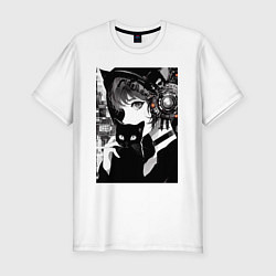 Футболка slim-fit Girl with black kitten - anime - cyberpunk - ai ar, цвет: белый