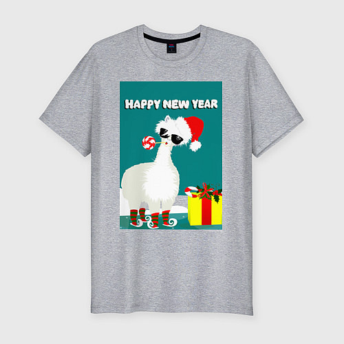 Мужская slim-футболка Лама - альпака Санта Клаус на коньках / Меланж – фото 1