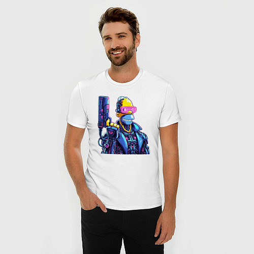 Мужская slim-футболка Гомер Симпсон с пистолетом - киберпанк / Белый – фото 3