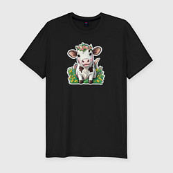 Футболка slim-fit Коровка в весенних цветах, цвет: черный