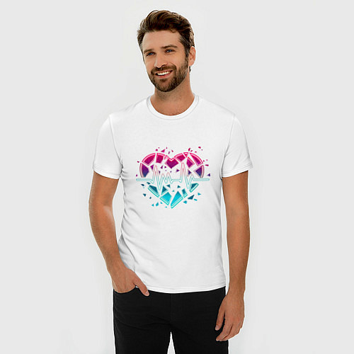 Мужская slim-футболка Неоновое разбитое сердце с линией пульса / Белый – фото 3
