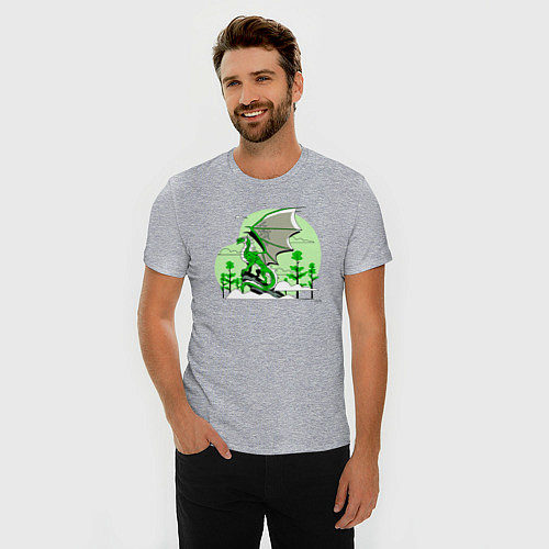 Мужская slim-футболка Зелёный дракон на скале 2024 / Меланж – фото 3