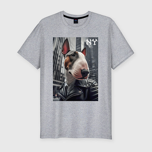 Мужская slim-футболка Dude bull terrier in New York - ai art / Меланж – фото 1