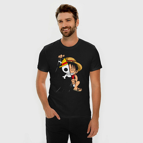 Мужская slim-футболка One Piece Луффи флаг / Черный – фото 3
