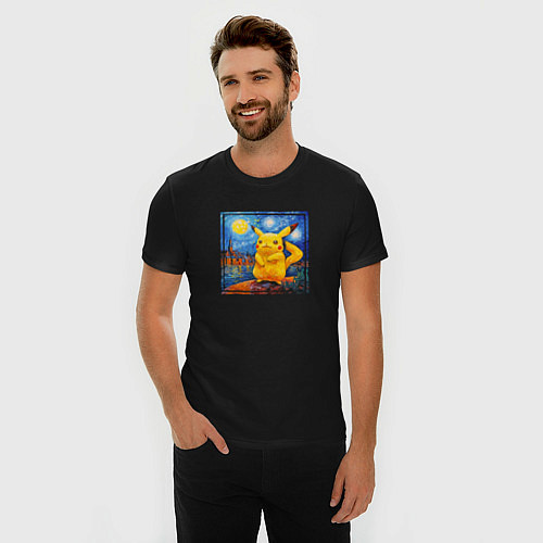 Мужская slim-футболка Пикачу звёздной ночью Ван Гога / Черный – фото 3