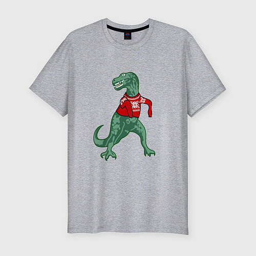 Мужская slim-футболка Динозавр в новогоднем свитере / Меланж – фото 1