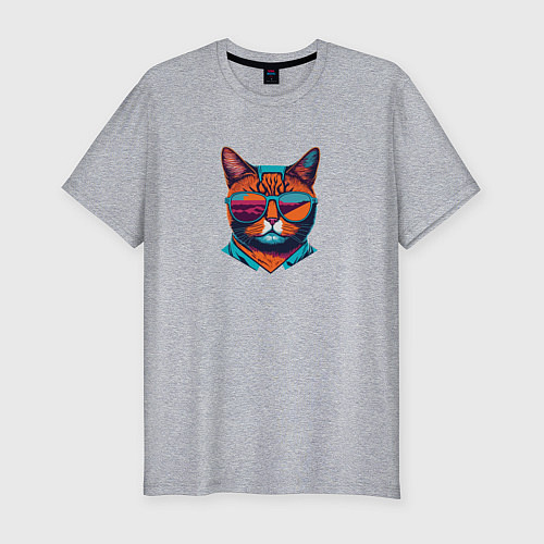 Мужская slim-футболка Модный кот в стильных очках / Меланж – фото 1