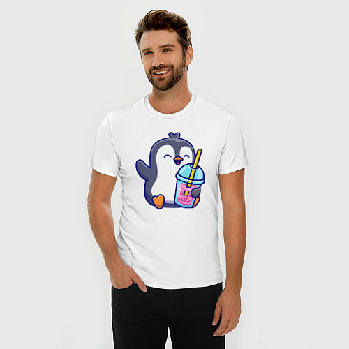 Мужская slim-футболка Пингвин с напитком / Белый – фото 3