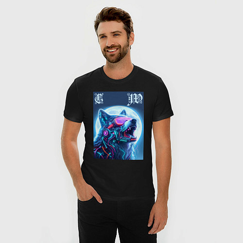 Мужская slim-футболка Cyber wolf - ai art / Черный – фото 3