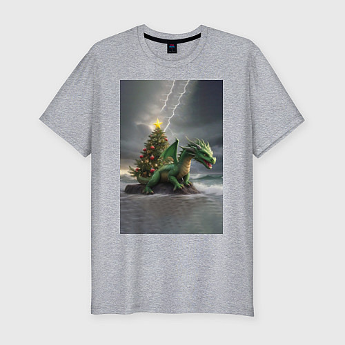 Мужская slim-футболка Зеленый дракон у новогодней елки / Меланж – фото 1