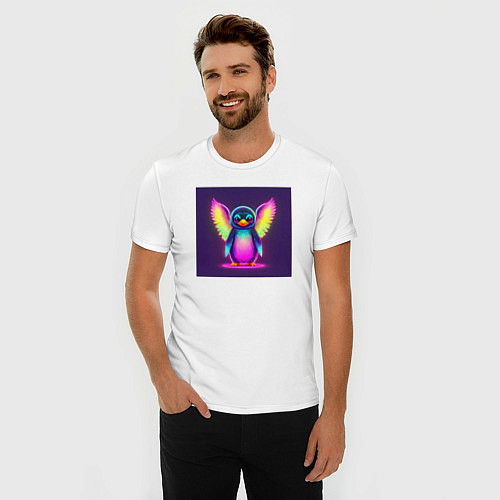 Мужская slim-футболка Неоновый пингвин с крыльями / Белый – фото 3
