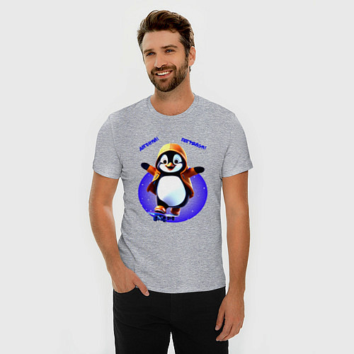 Мужская slim-футболка Пингвин на скейте / Меланж – фото 3